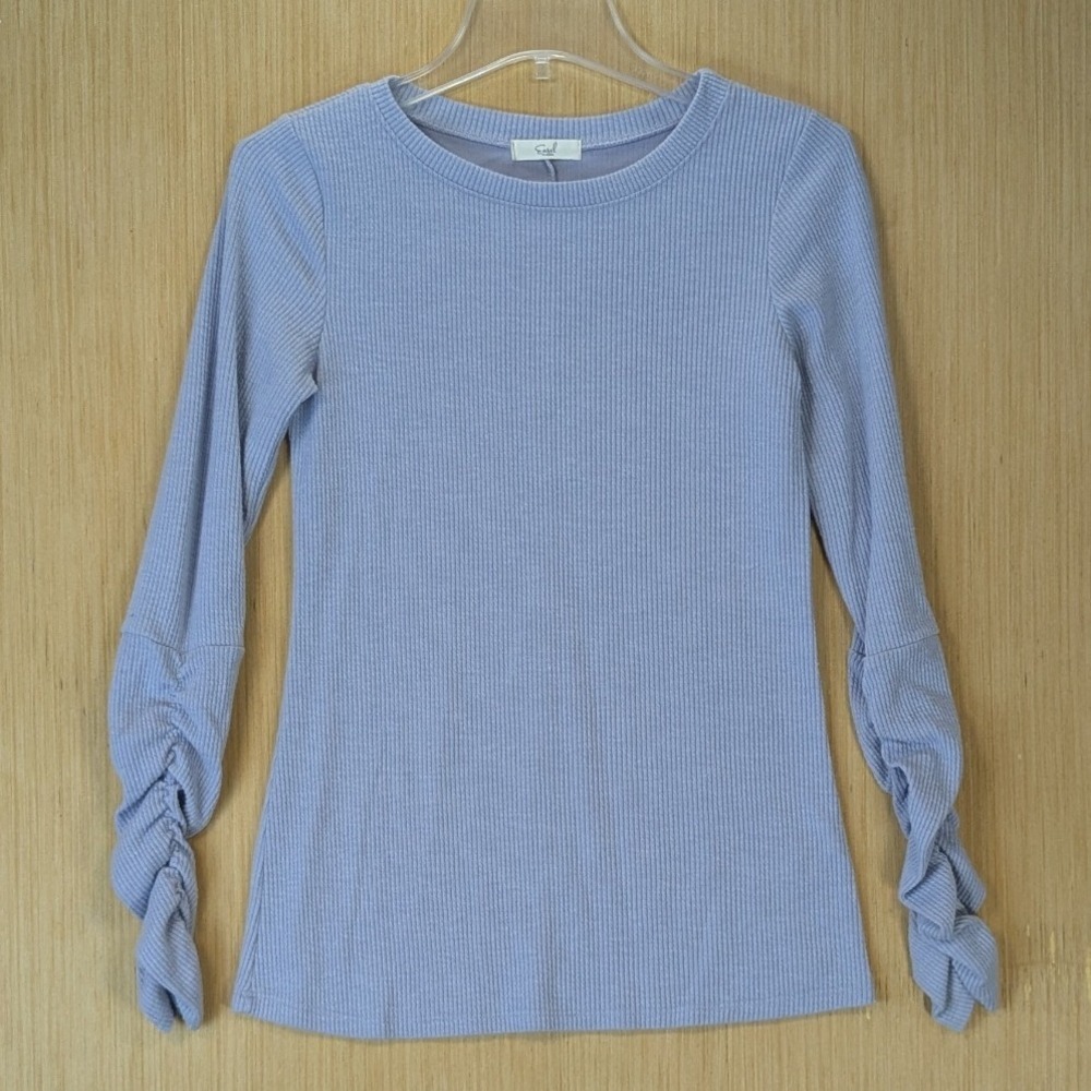 Easel Coquette Balletcore Ribbed Fitted Top Size S Pastel Lavender Ruched Sleeve